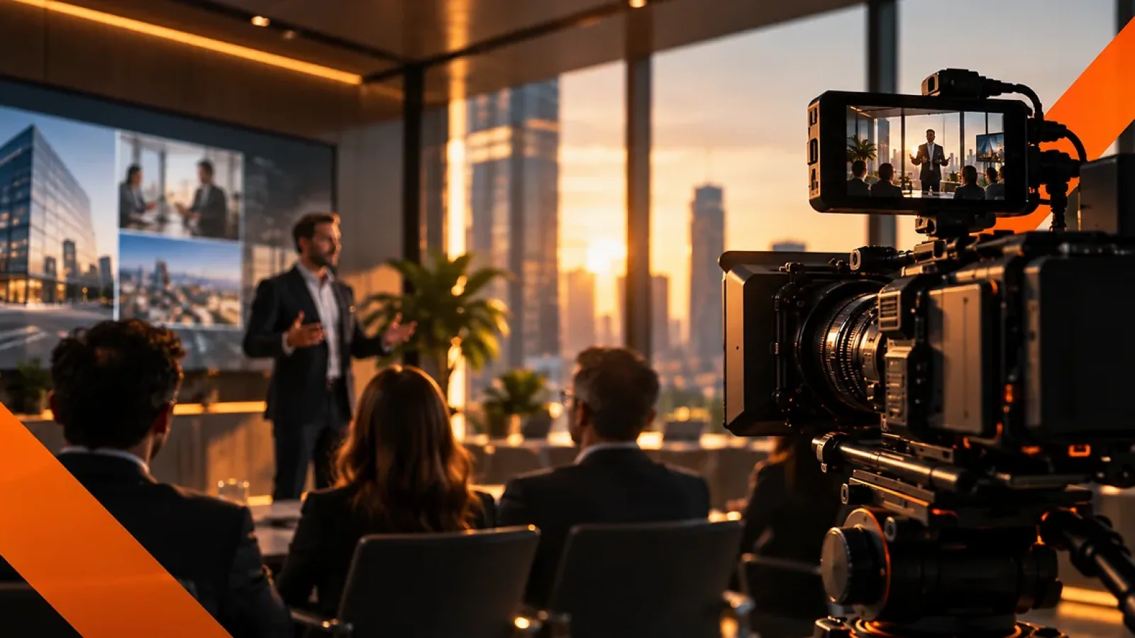 Filmagem de vídeo institucional para empresas com executivo apresentando conteúdo a uma equipe.