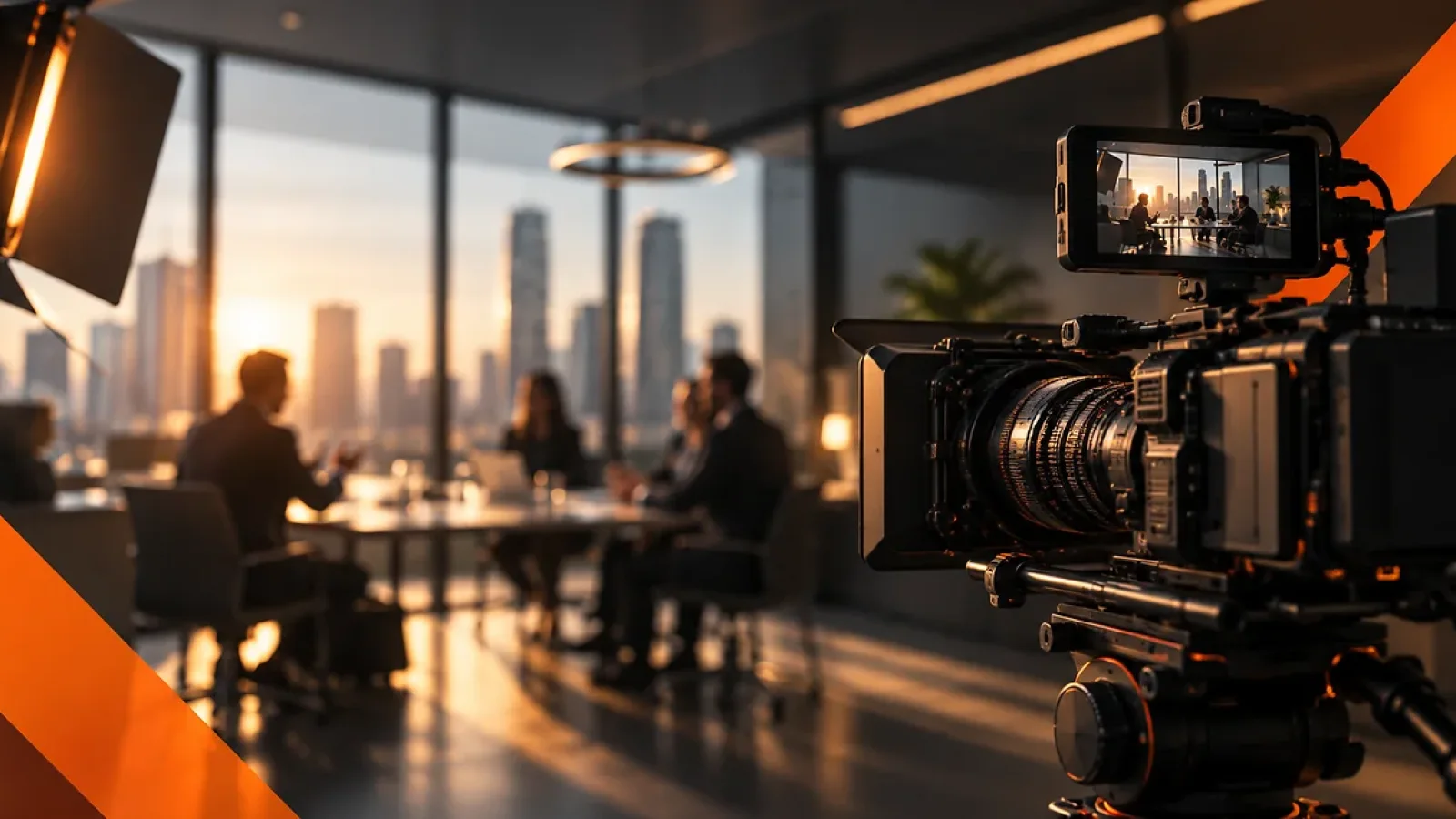 Câmera profissional gravando uma reunião corporativa em escritório moderno com iluminação cinematográfica.