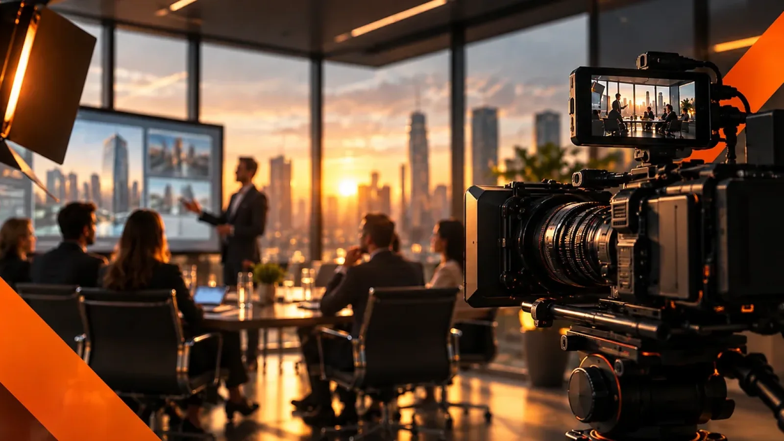 Câmera de cinema registrando apresentação empresarial em sala de reuniões moderna.
